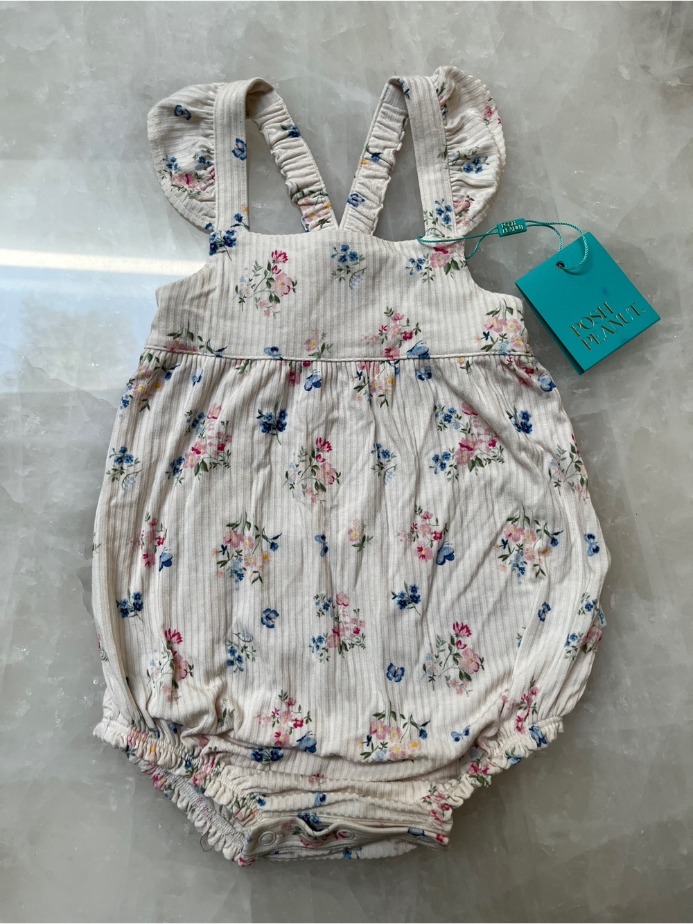 Posh Peanut Cream Floral Bubble Romper with Pink & Blue Flowers